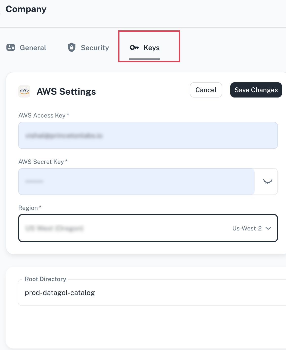 AWS Keys Tab