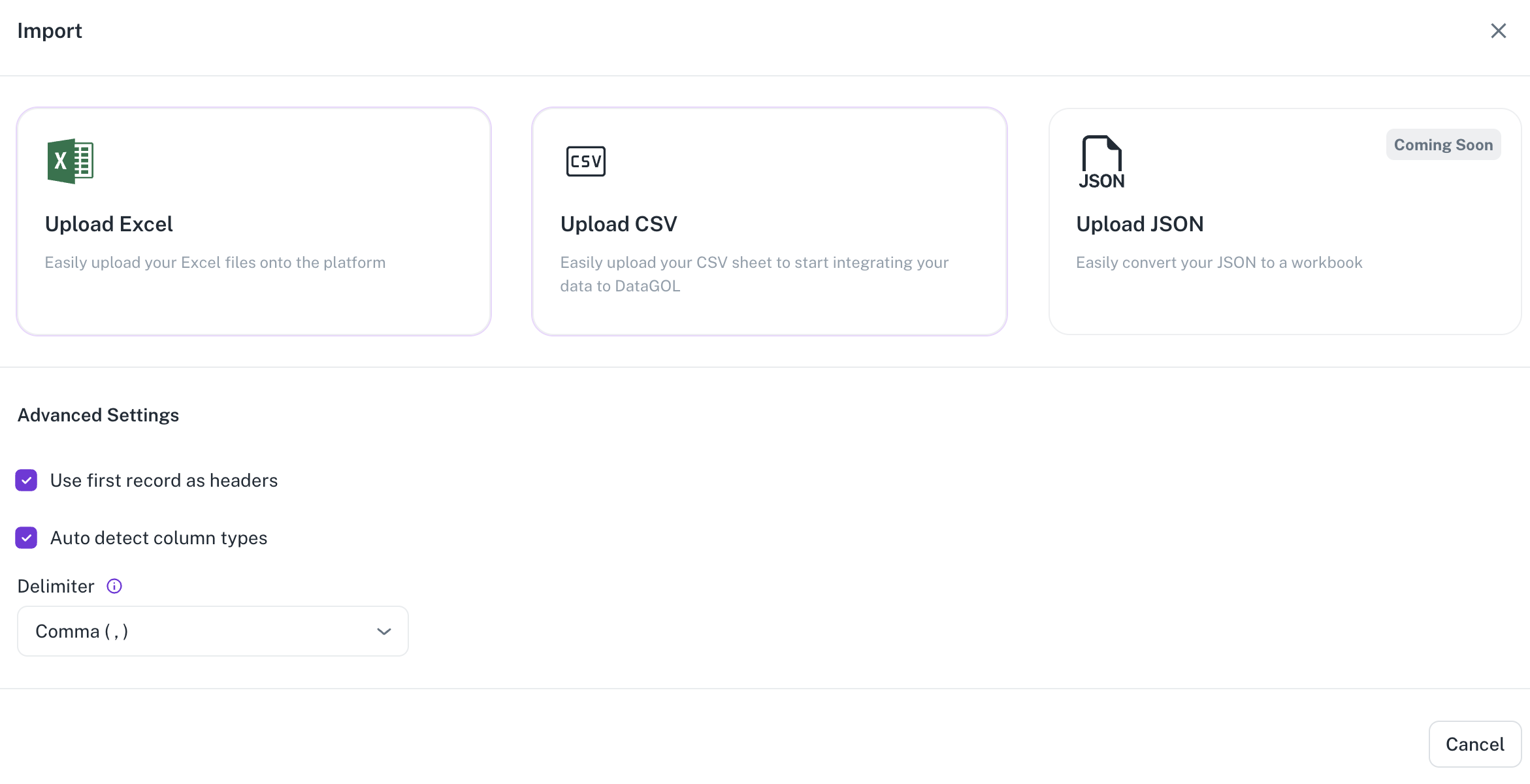 Import dialog box