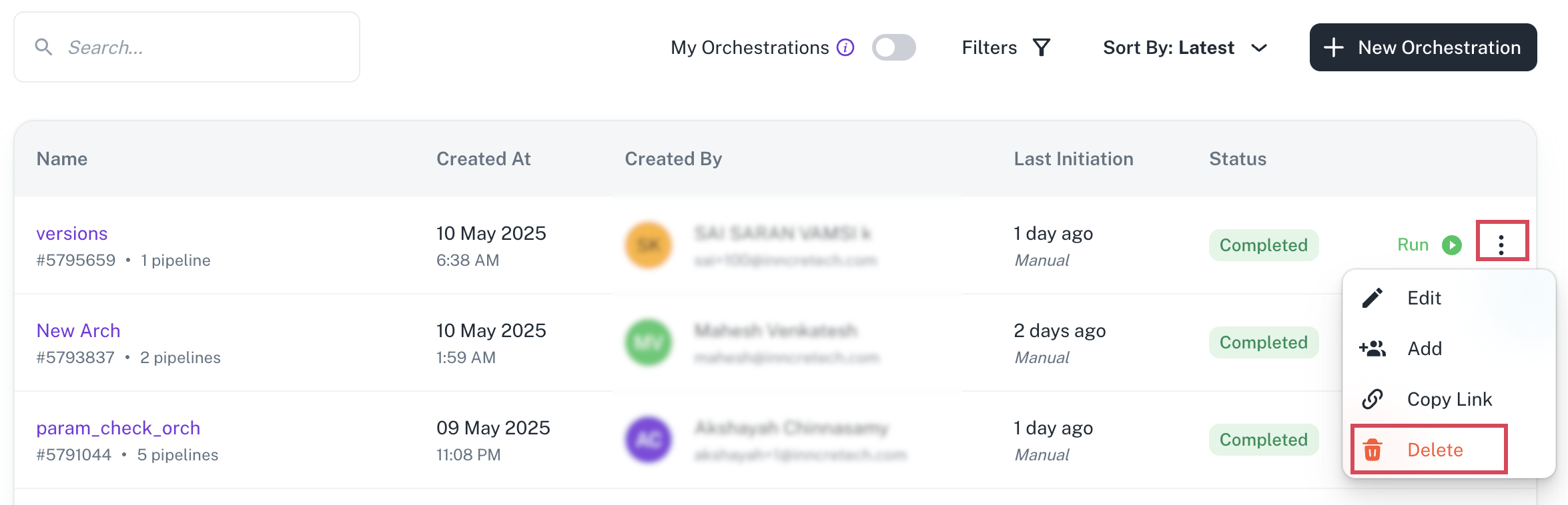 viewing the orchestration run details