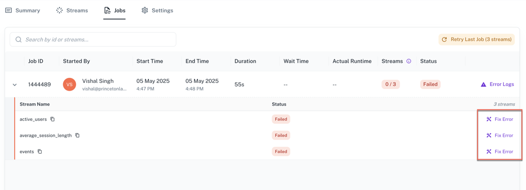 Fix Error button in the Job table