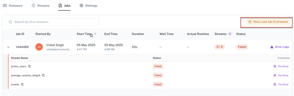 Retry Last Job button
