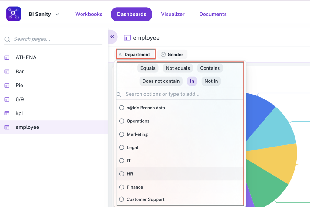Dashboard filters for single-line text