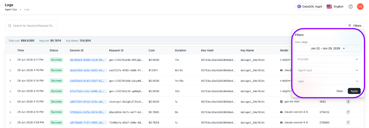 ai logs filter